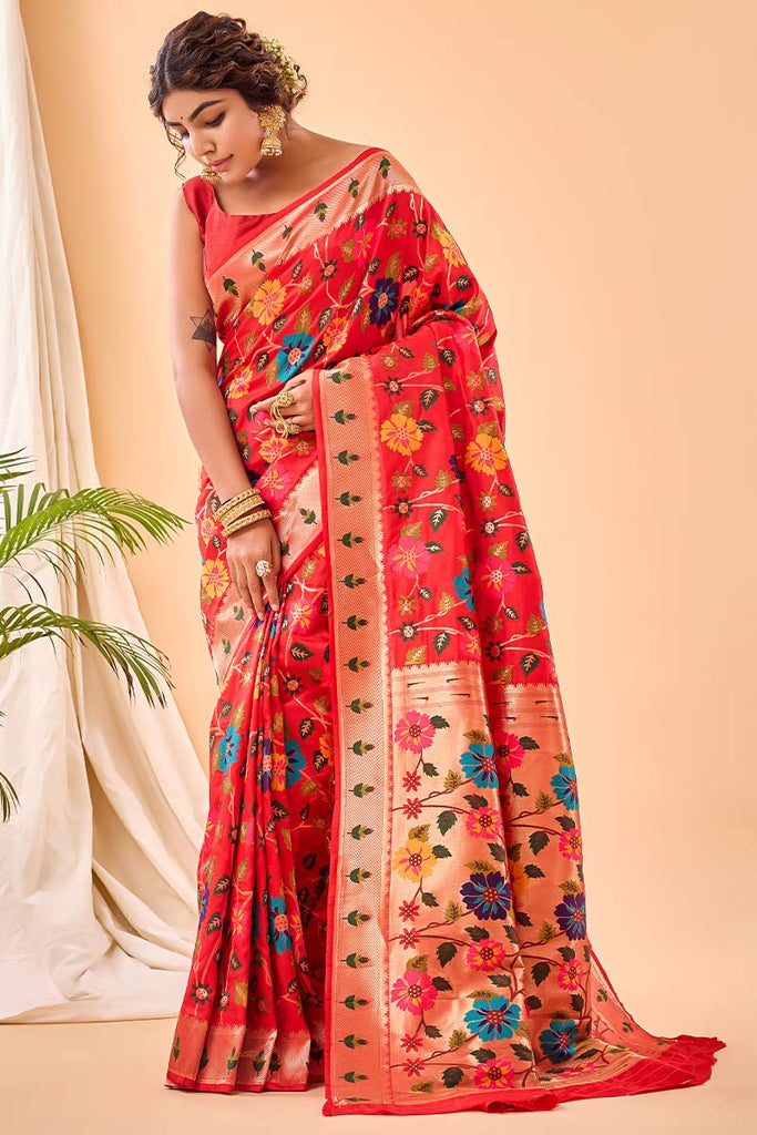 Coral Red Paithani Silk Saree