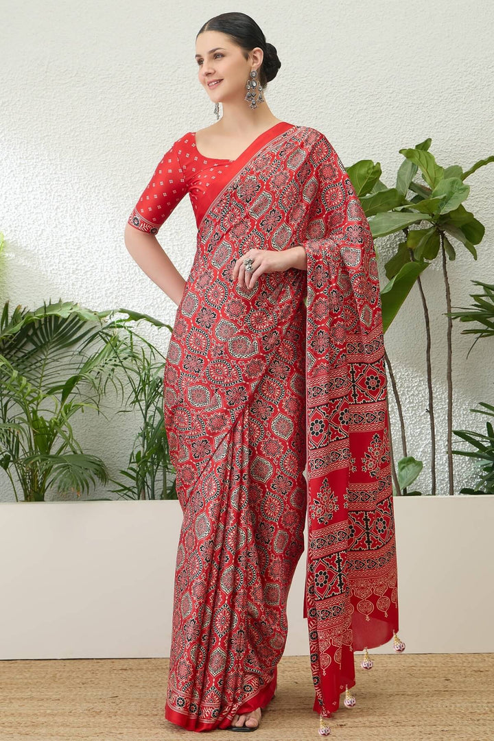 Coral Red Printed Satin Silk Saree