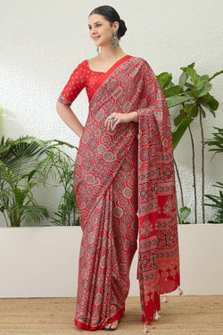 Coral Red Printed Satin Silk Saree