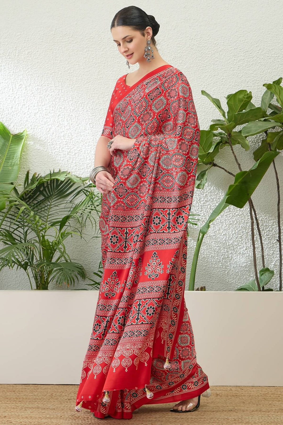 Coral Red Printed Satin Silk Saree
