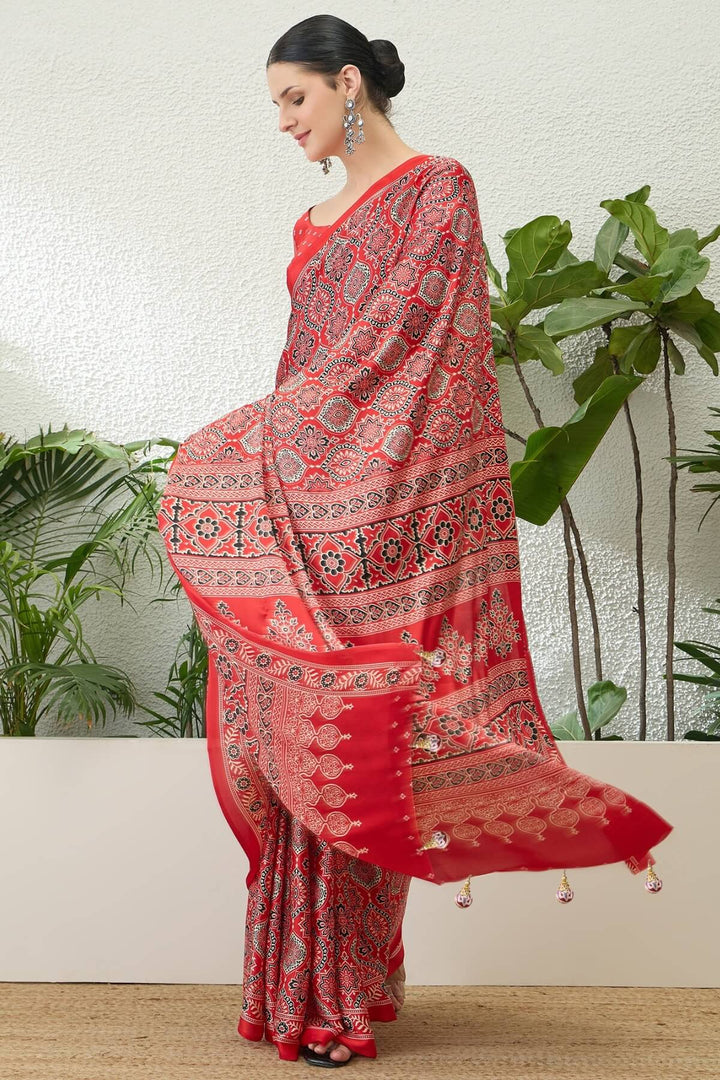Coral Red Printed Satin Silk Saree