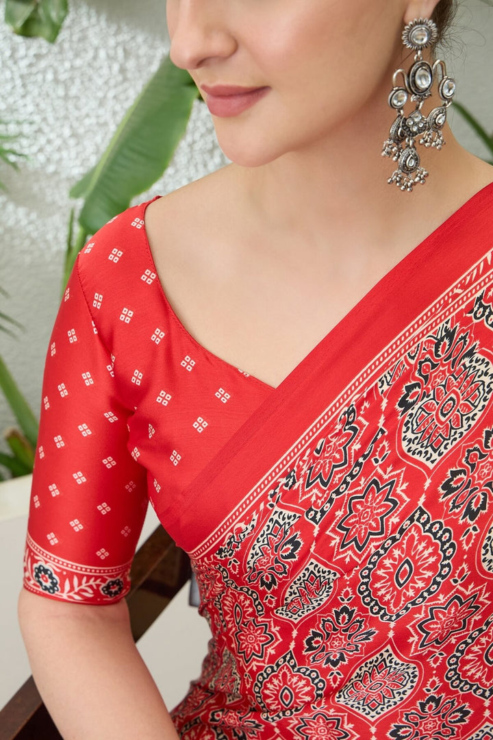 Coral Red Printed Satin Silk Saree