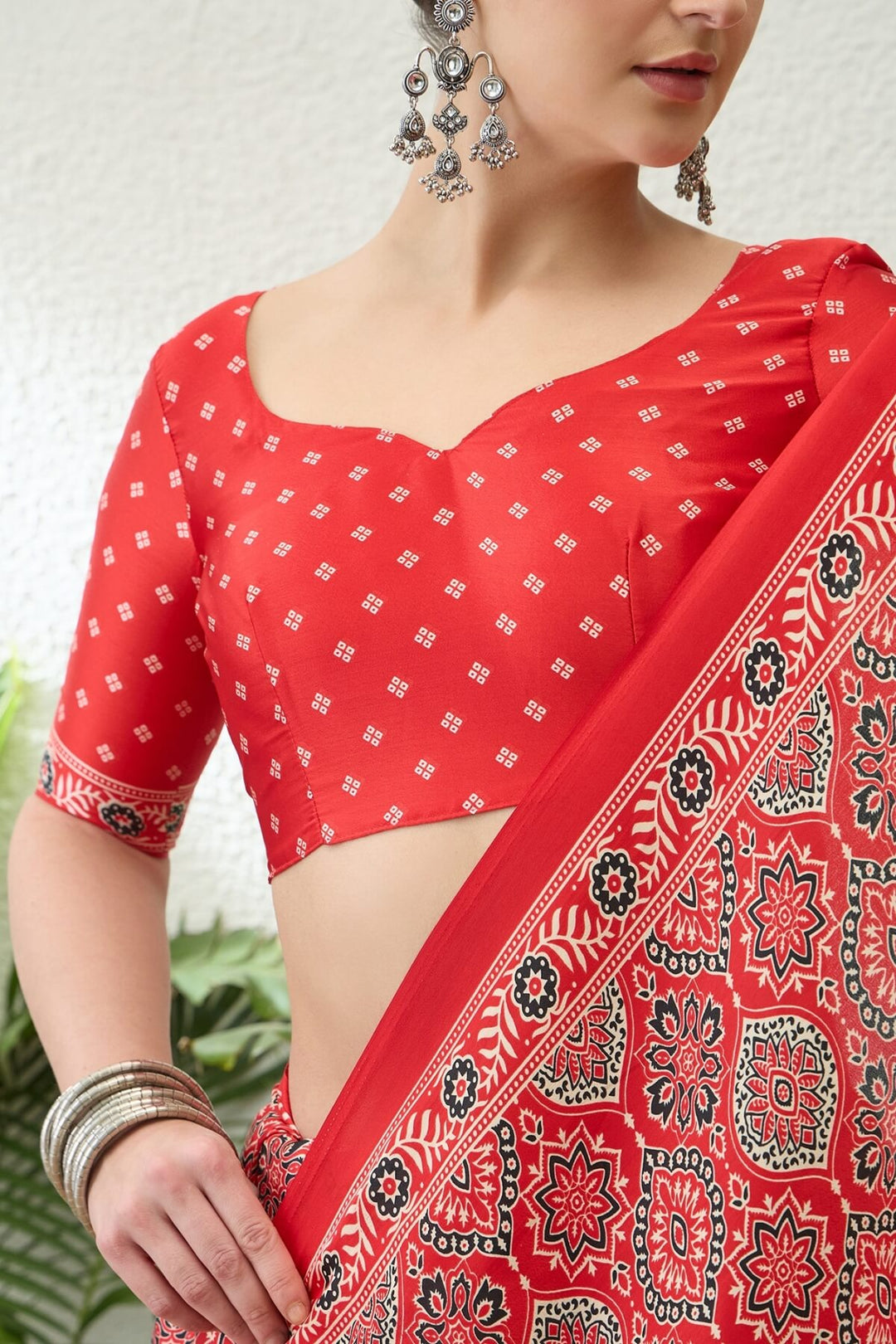 Coral Red Printed Satin Silk Saree