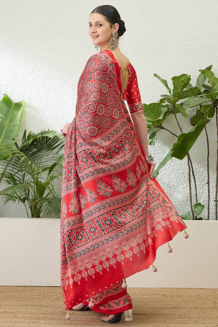 Coral Red Printed Satin Silk Saree