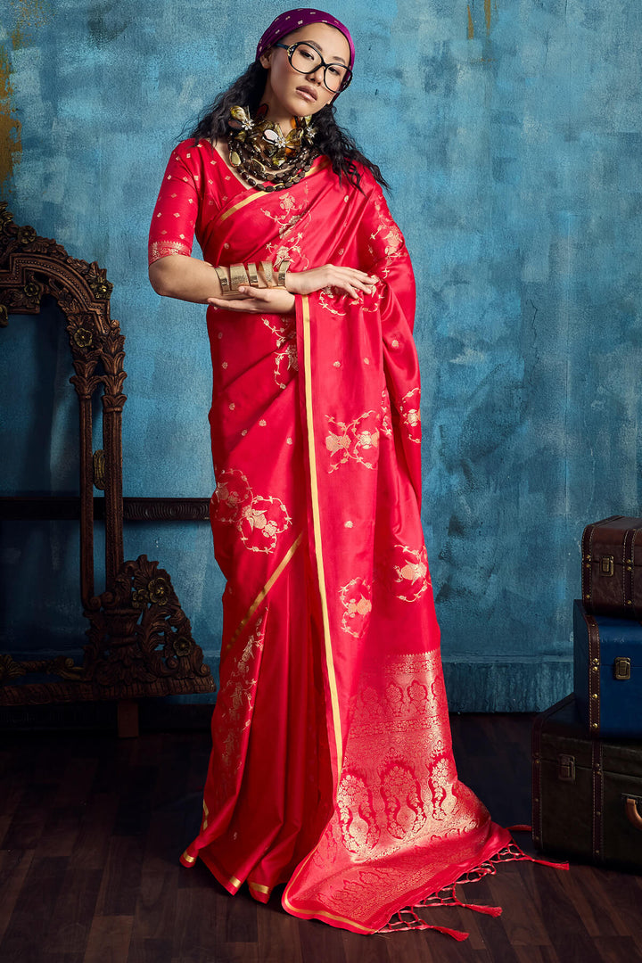 Coral Red Zari Woven Banarasi Satin silk saree
