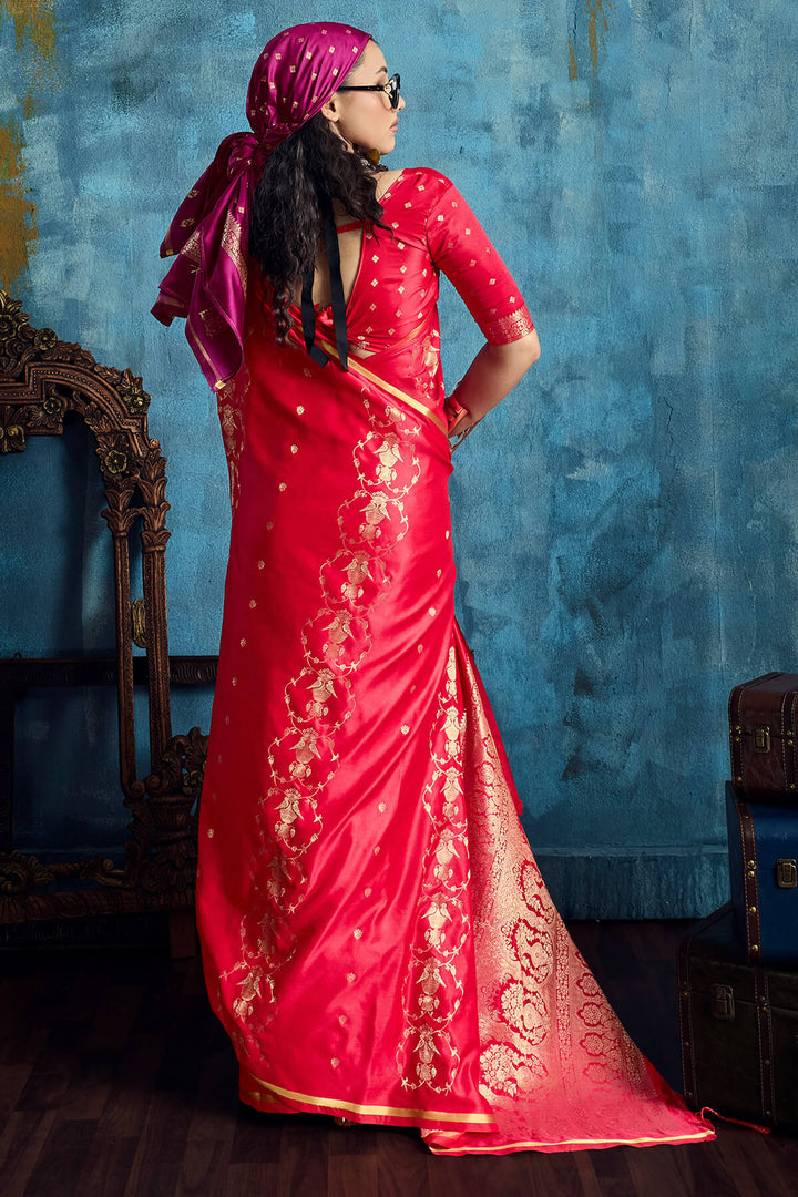 Coral Red Zari Woven Banarasi Satin silk saree