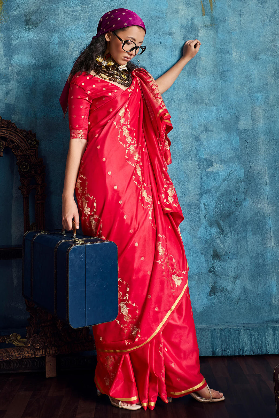 Coral Red Zari Woven Banarasi Satin silk saree
