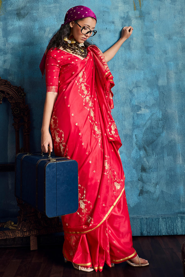Coral Red Zari Woven Banarasi Satin silk saree