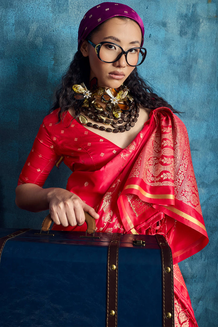 Coral Red Zari Woven Banarasi Satin silk saree