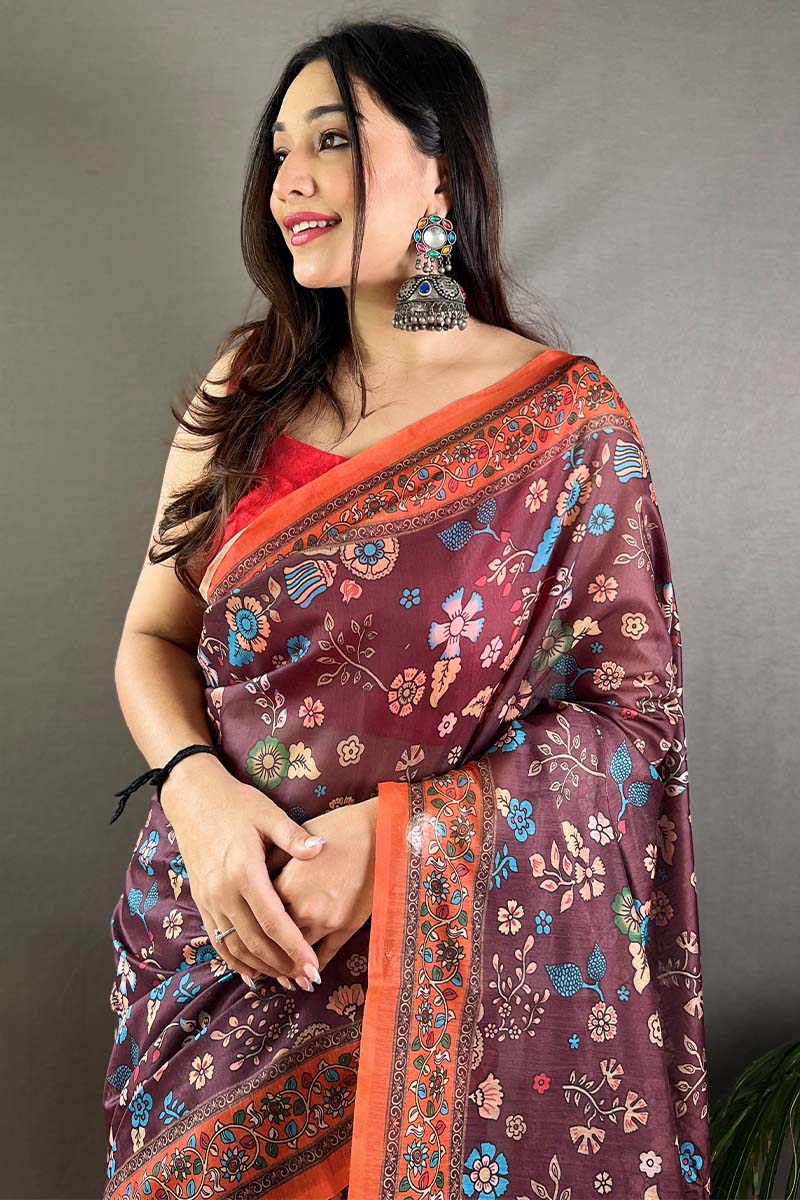 Cordovan Wine Kalamkari Printed Cotton Saree