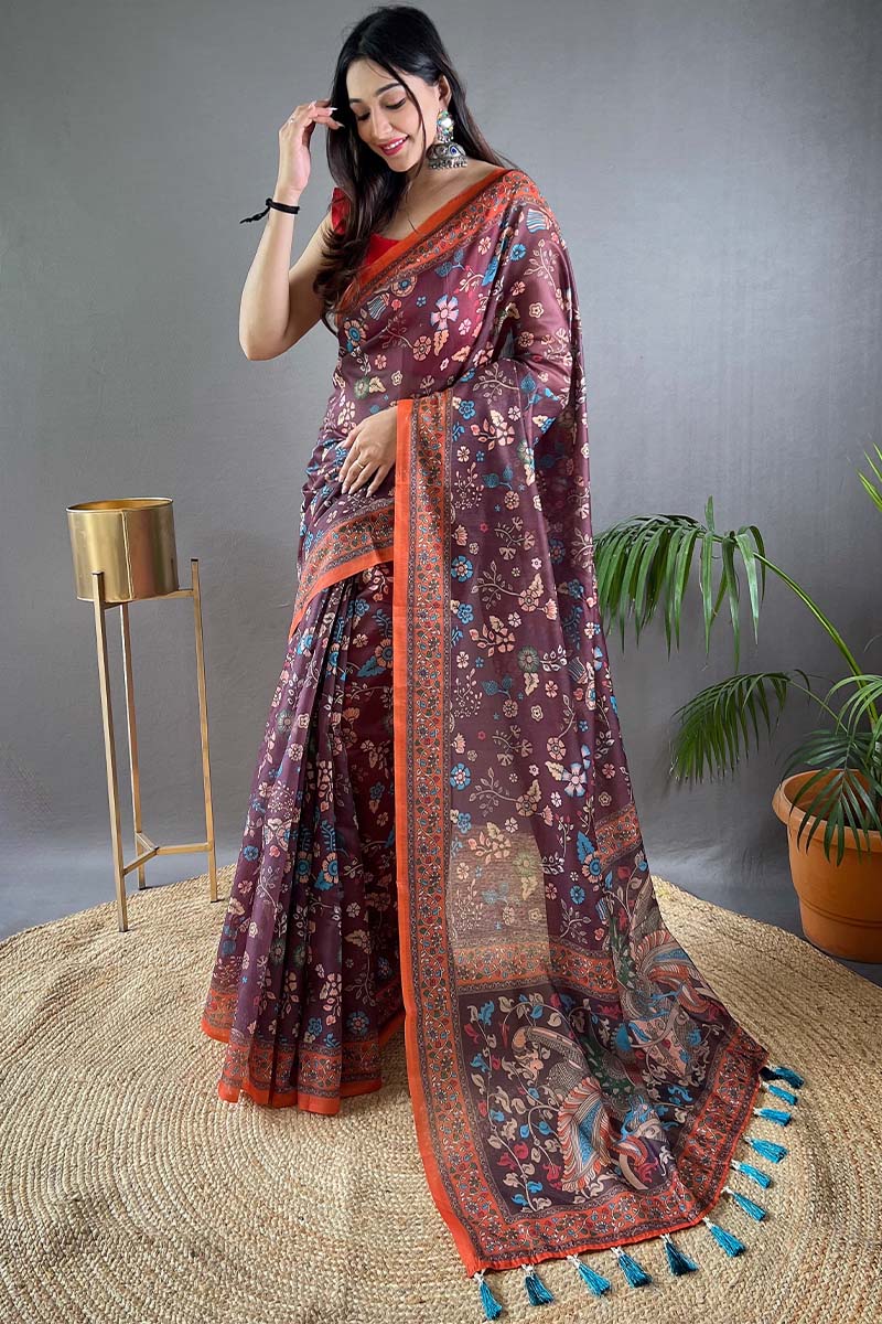 Cordovan Wine Kalamkari Printed Cotton Saree