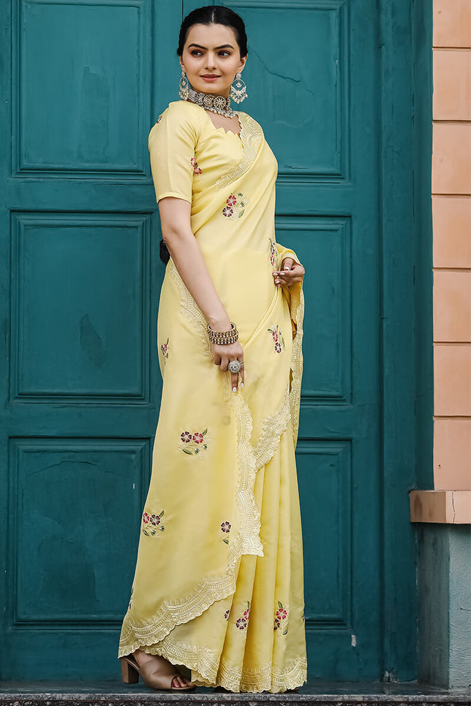 Corn Yellow Embroidered Work Cotton Saree