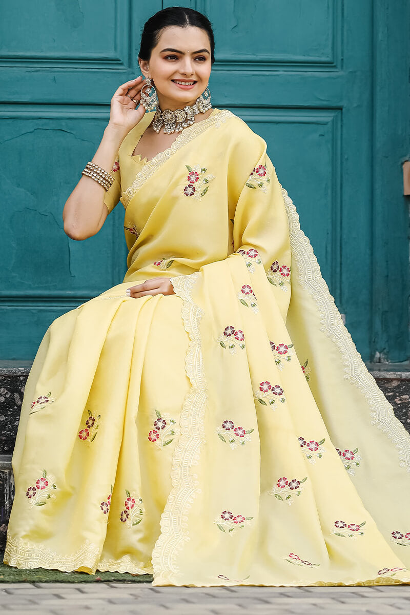 Corn Yellow Embroidered Work Cotton Saree