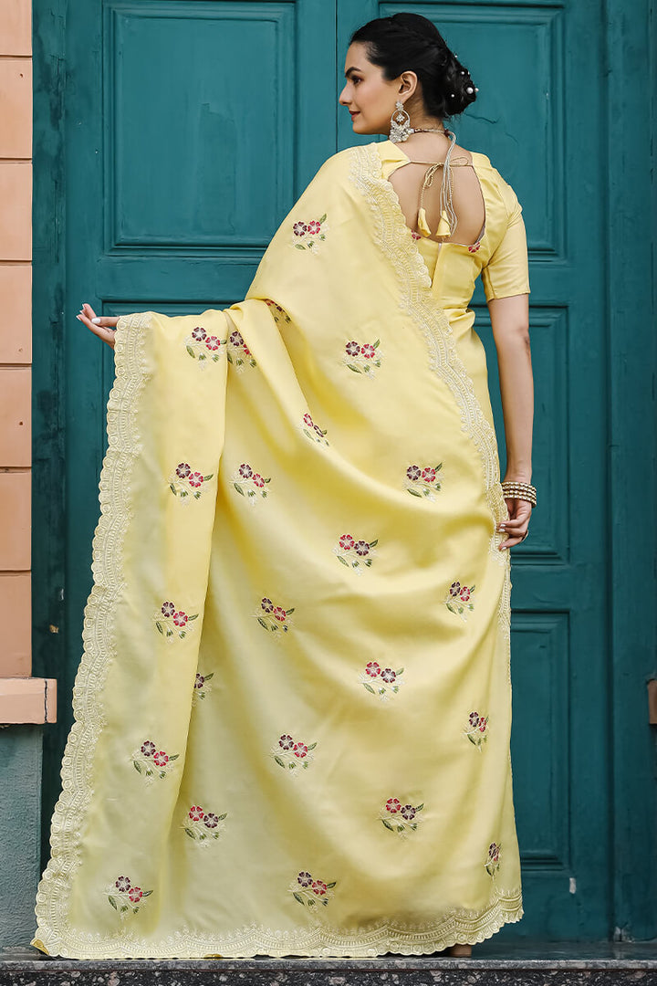 Corn Yellow Embroidered Work Cotton Saree