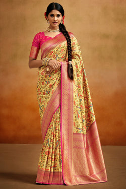 Corn Yellow Kalamkari Printed Tussar Silk Saree