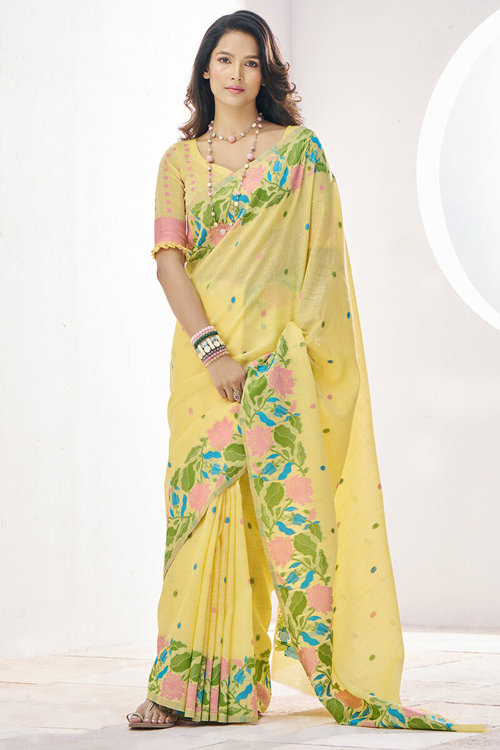 Corn Yellow Soft Linen Silk Saree