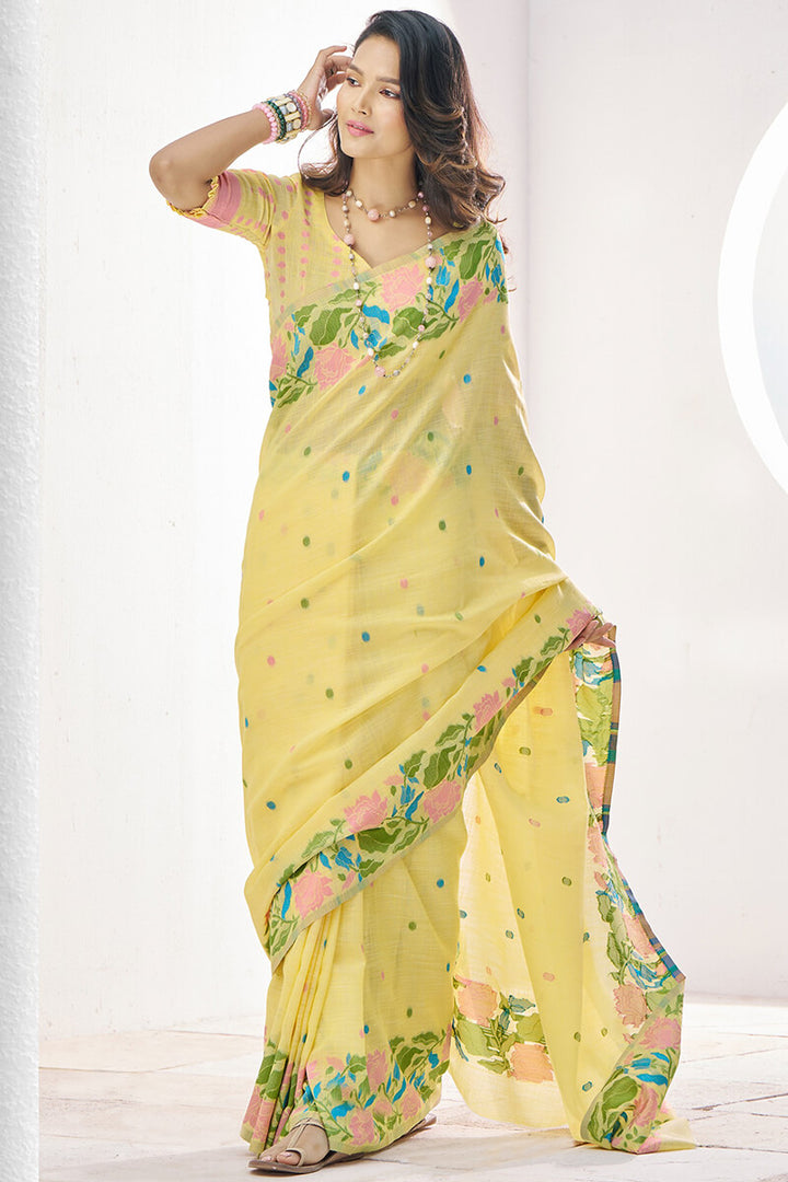 Corn Yellow Soft Linen Silk Saree