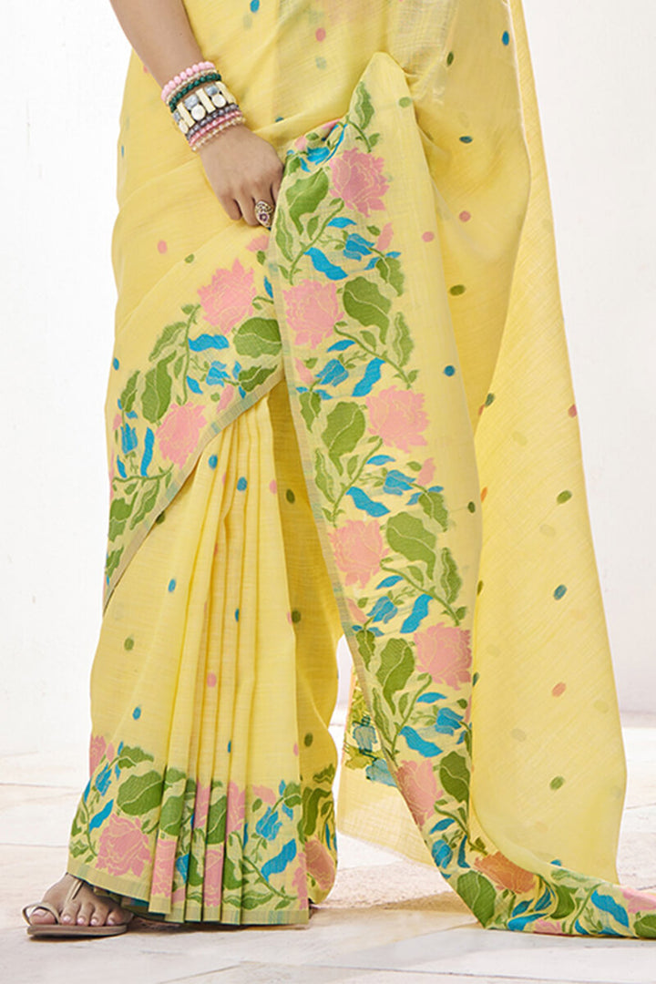 Corn Yellow Soft Linen Silk Saree