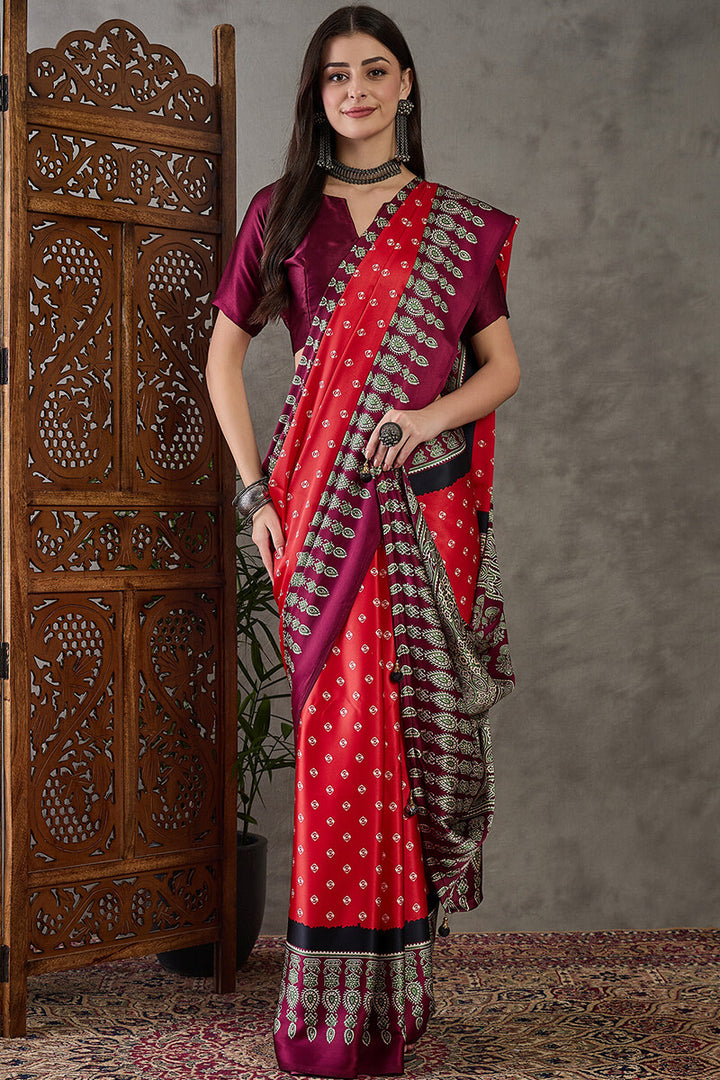 Cornell Red Ajrakh Printed Satin Silk Saree