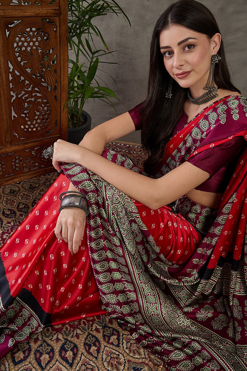 Cornell Red Ajrakh Printed Satin Silk Saree