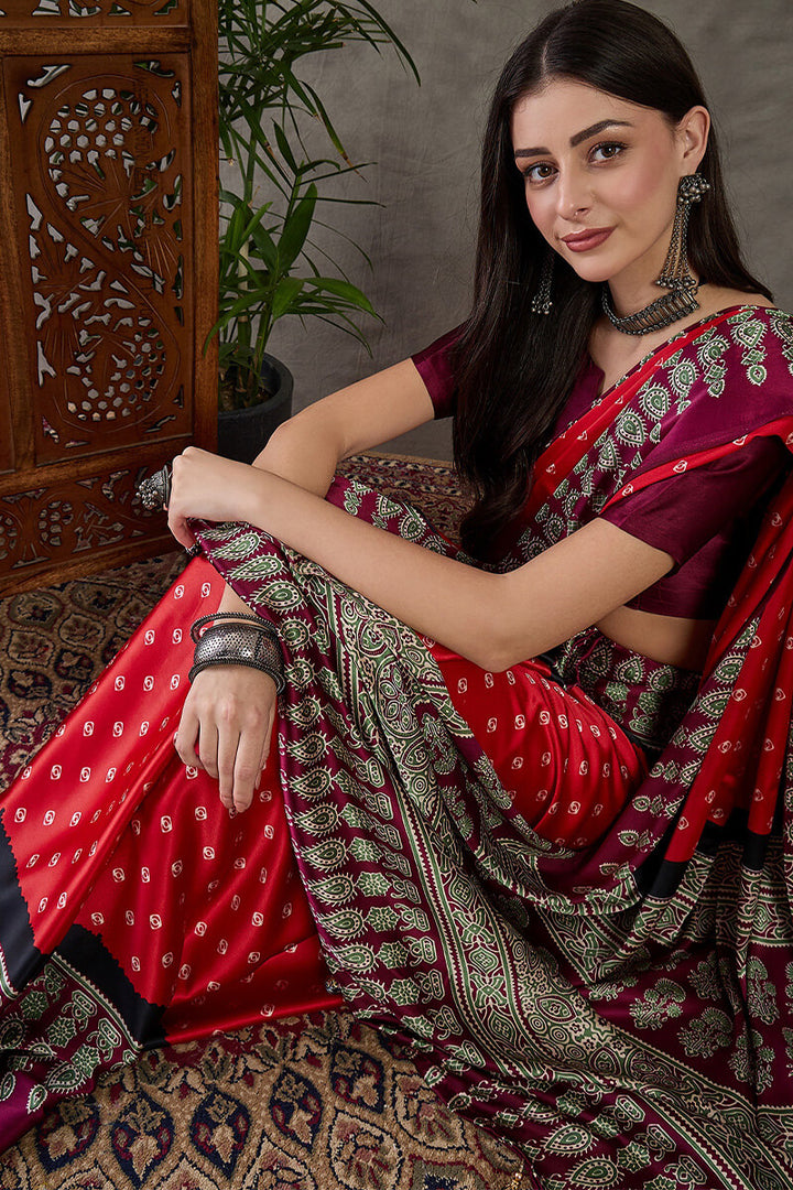 Cornell Red Ajrakh Printed Satin Silk Saree