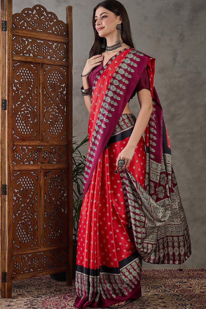 Cornell Red Ajrakh Printed Satin Silk Saree