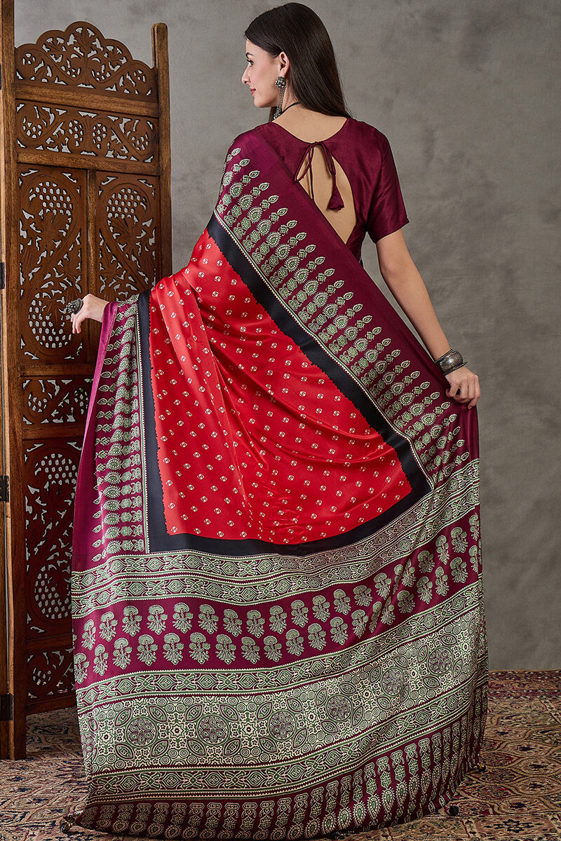 Cornell Red Ajrakh Printed Satin Silk Saree