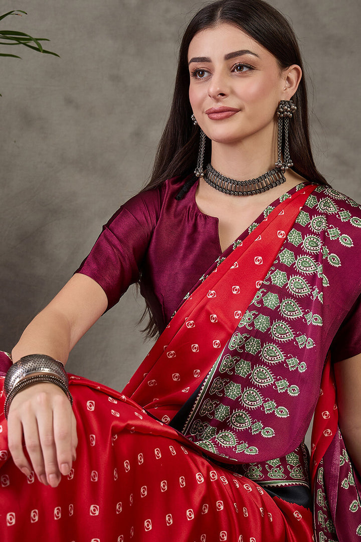 Cornell Red Ajrakh Printed Satin Silk Saree
