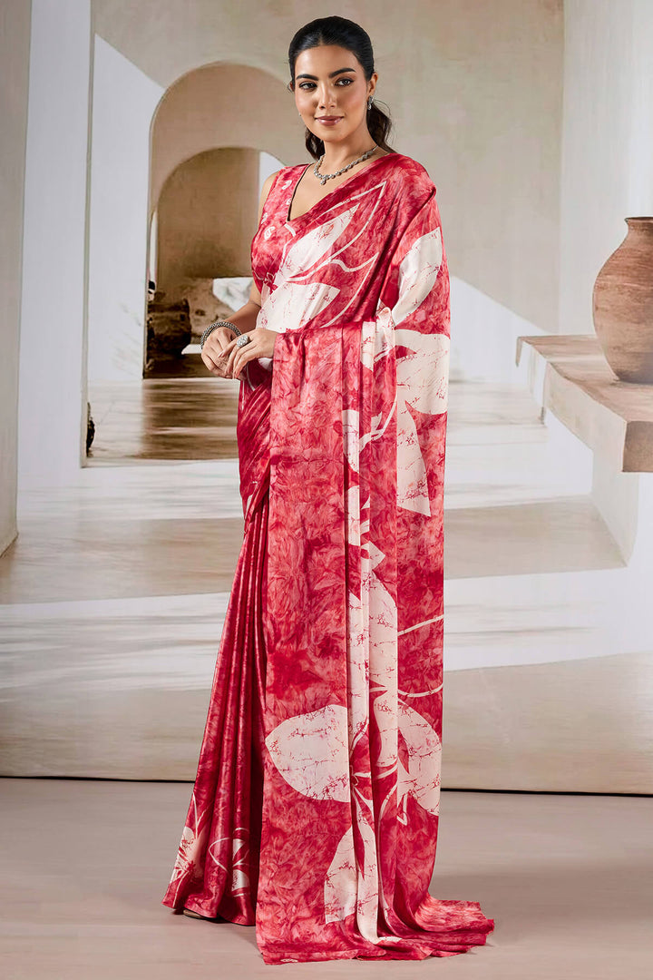 Cornell Red Hand Prism Printed Satin Silk Saree