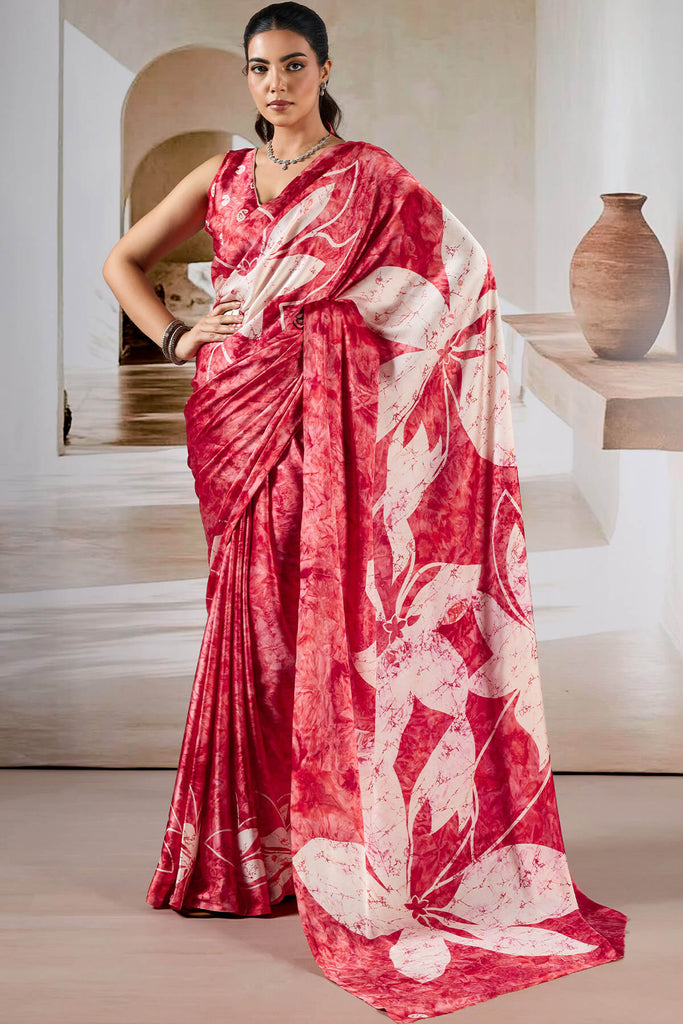 Cornell Red Hand Prism Printed Satin Silk Saree