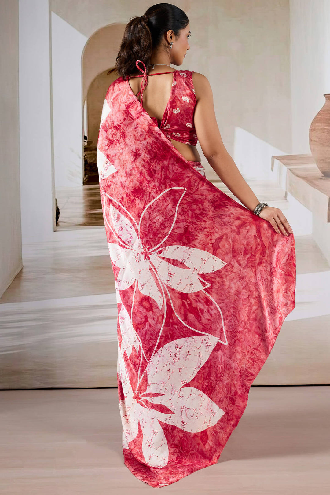 Cornell Red Hand Prism Printed Satin Silk Saree