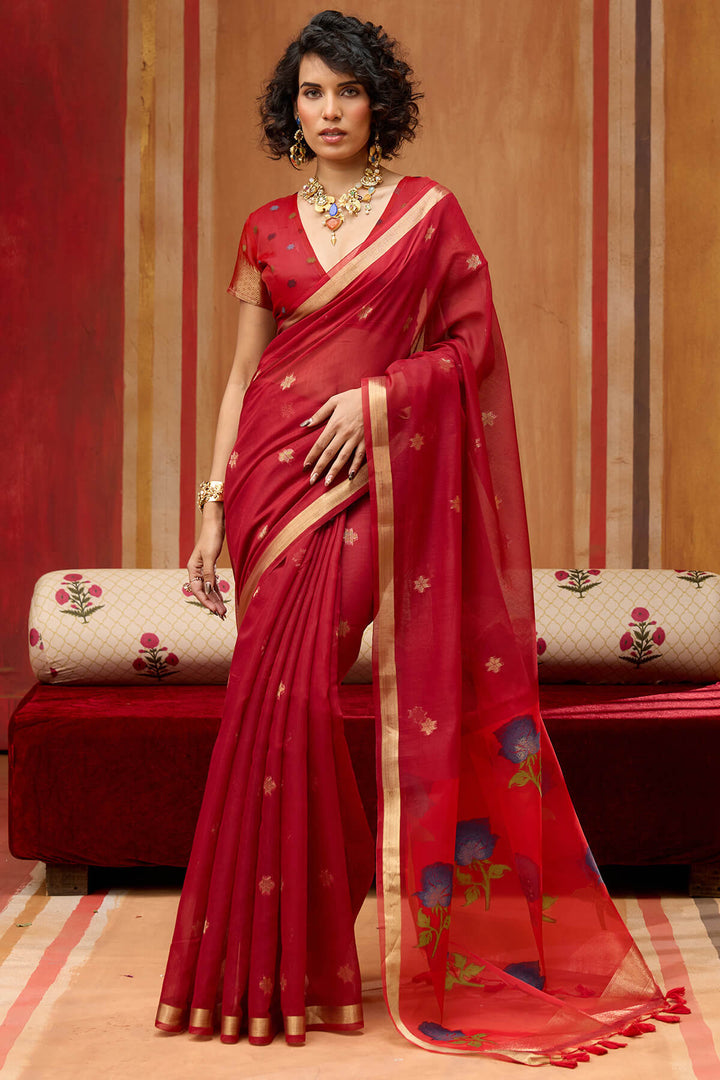 Cornell Red Handloom Munga Cotton Saree