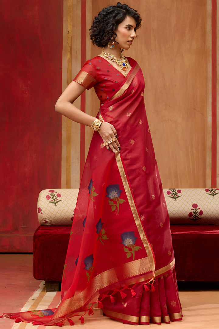 Cornell Red Handloom Munga Cotton Saree