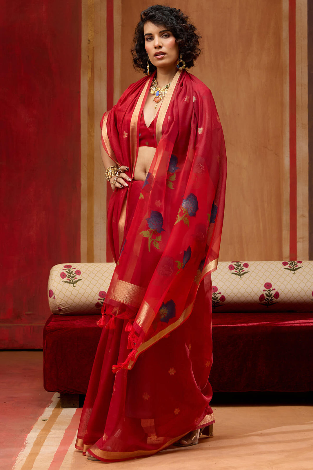 Cornell Red Handloom Munga Cotton Saree