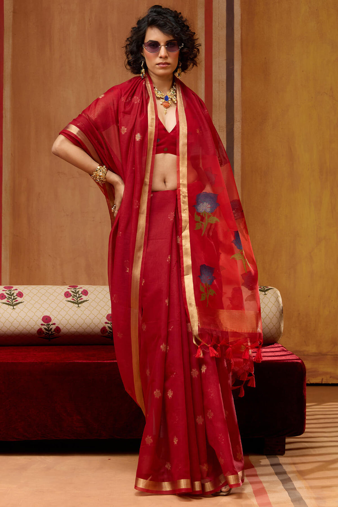 Cornell Red Handloom Munga Cotton Saree