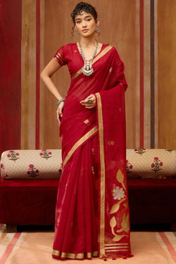 Cornell Red Munga Cotton Silk Saree with Organza Weaving Pallu