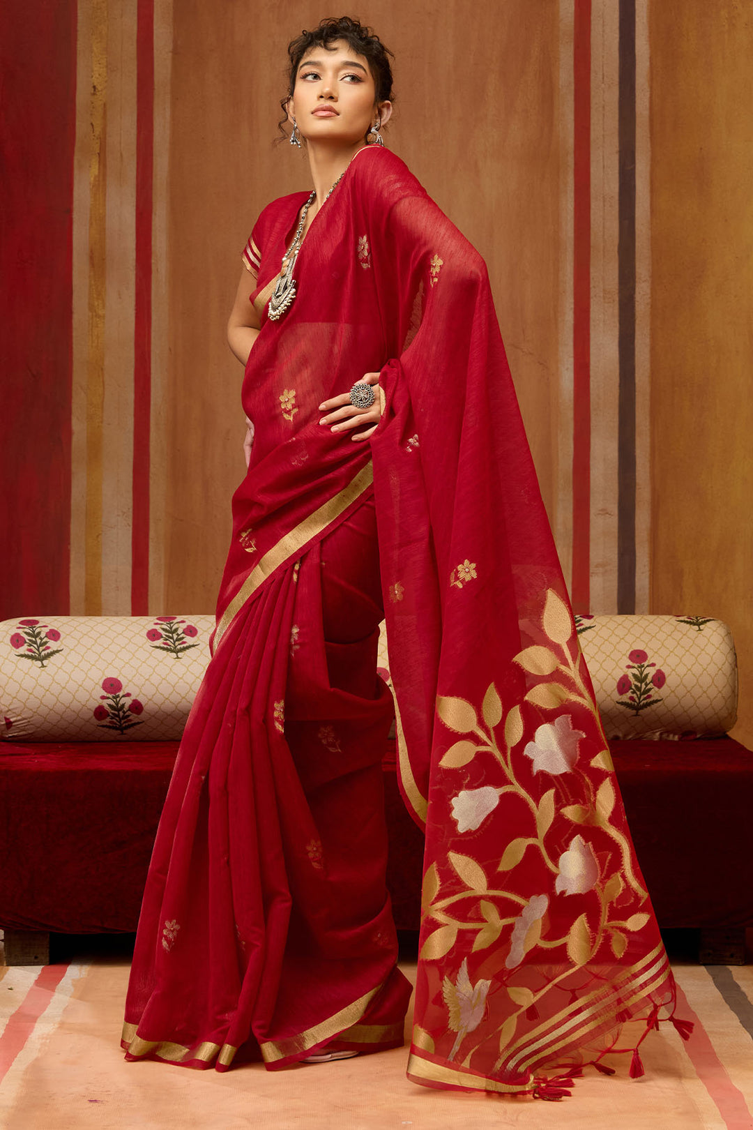 Cornell Red Munga Cotton Silk Saree with Organza Weaving Pallu