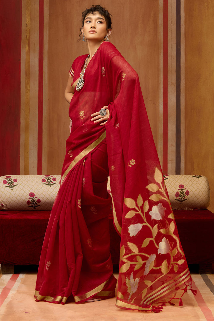 Cornell Red Munga Cotton Silk Saree with Organza Weaving Pallu