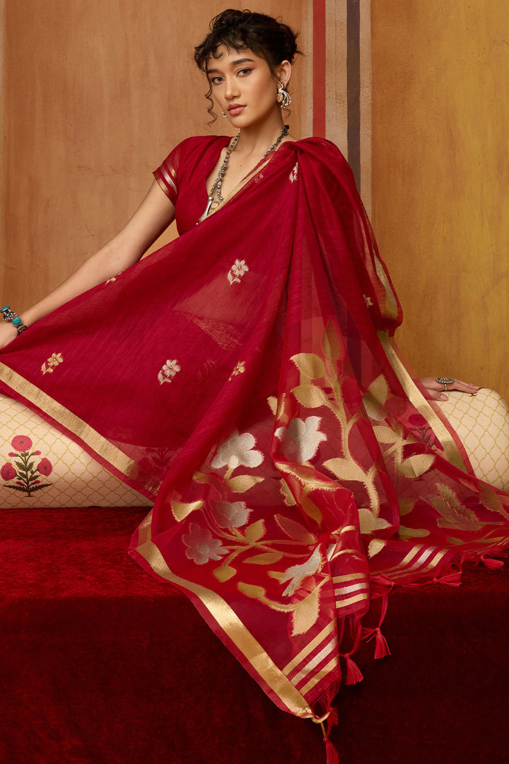 Cornell Red Munga Cotton Silk Saree with Organza Weaving Pallu