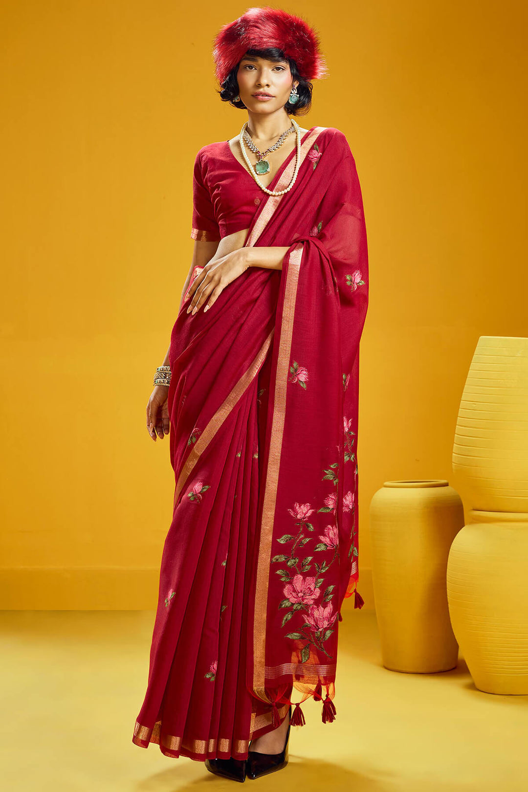 Cornell Red Pure Munga Cotton Silk Saree