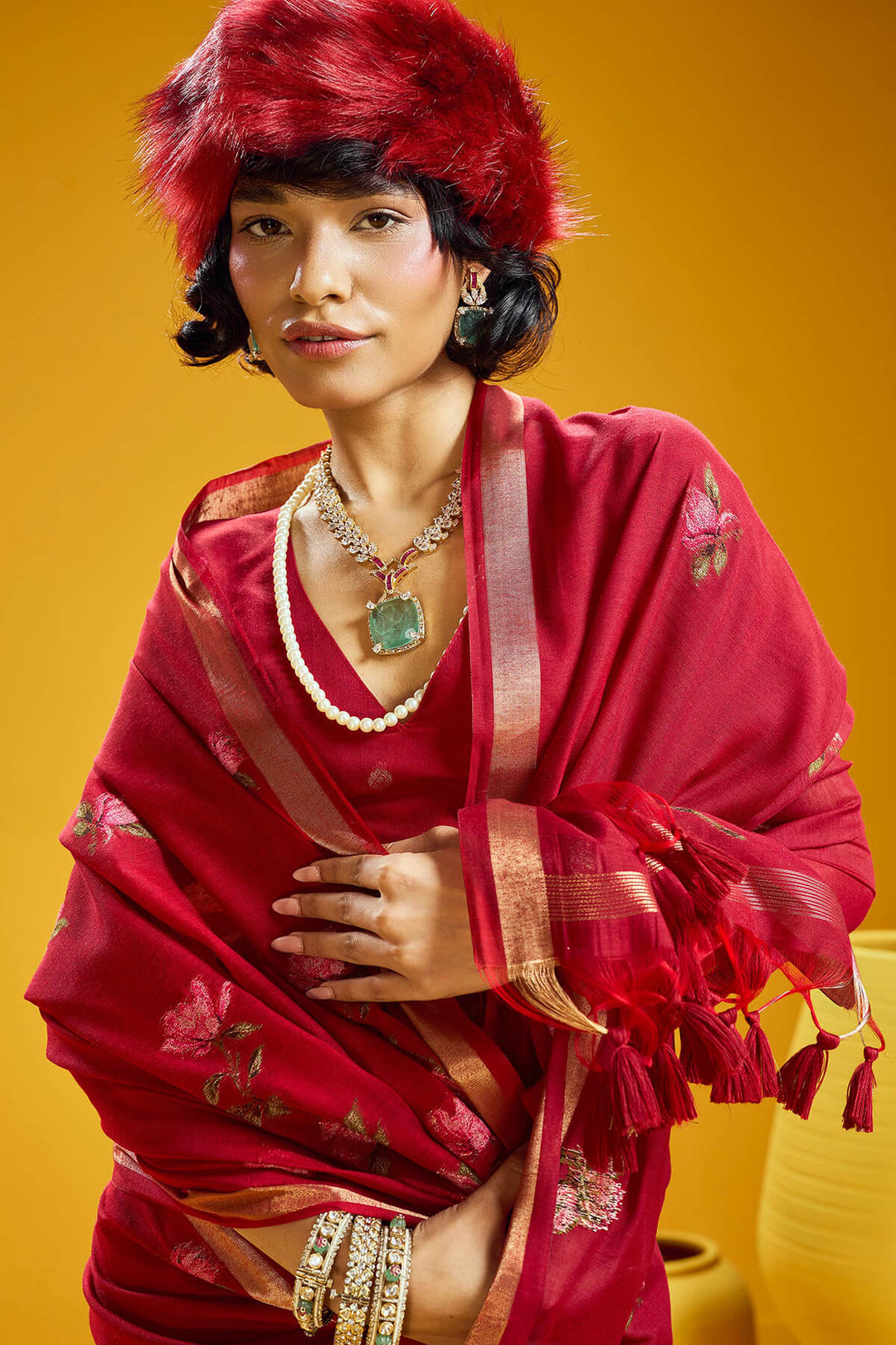 Cornell Red Pure Munga Cotton Silk Saree
