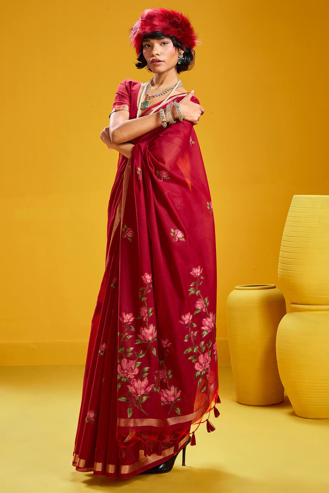 Cornell Red Pure Munga Cotton Silk Saree