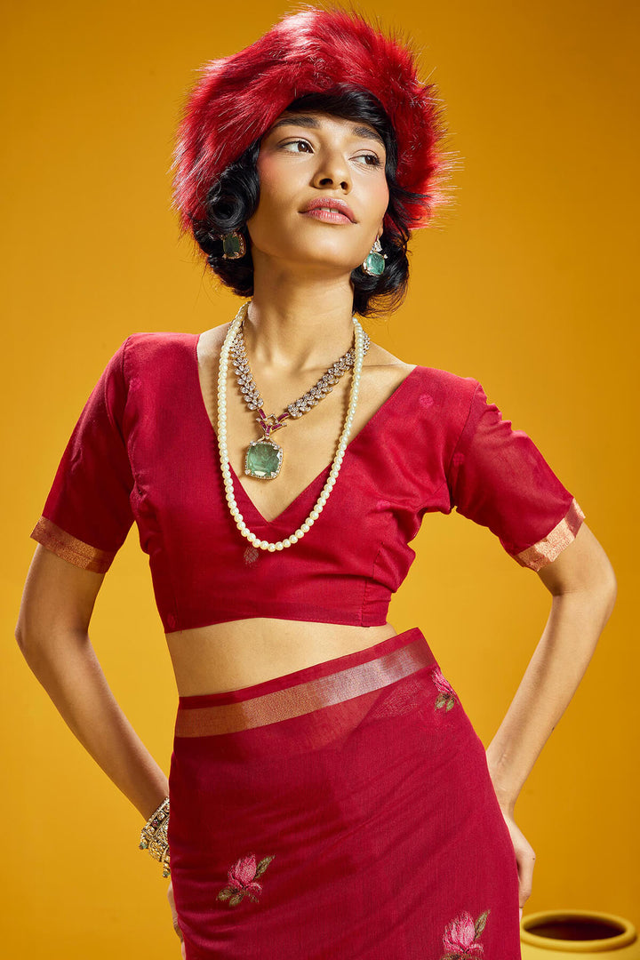 Cornell Red Pure Munga Cotton Silk Saree