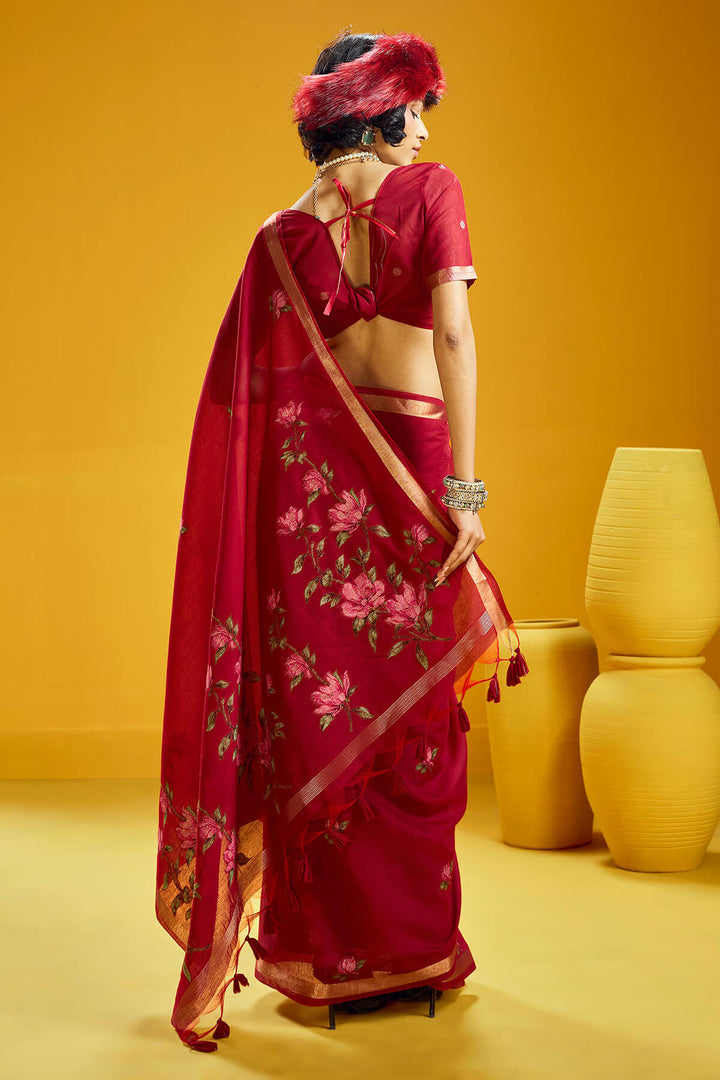 Cornell Red Pure Munga Cotton Silk Saree