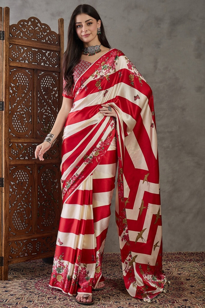 Cornell Red Stripe Printed Satin Silk Saree