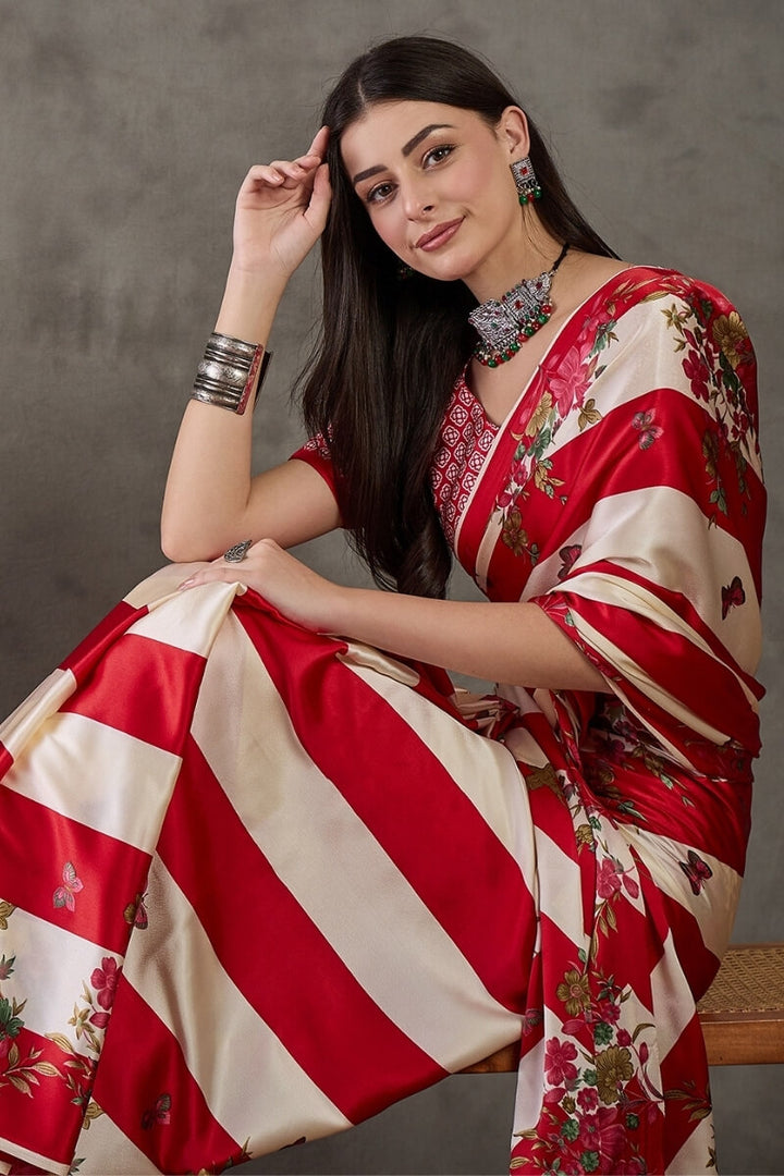 Cornell Red Stripe Printed Satin Silk Saree