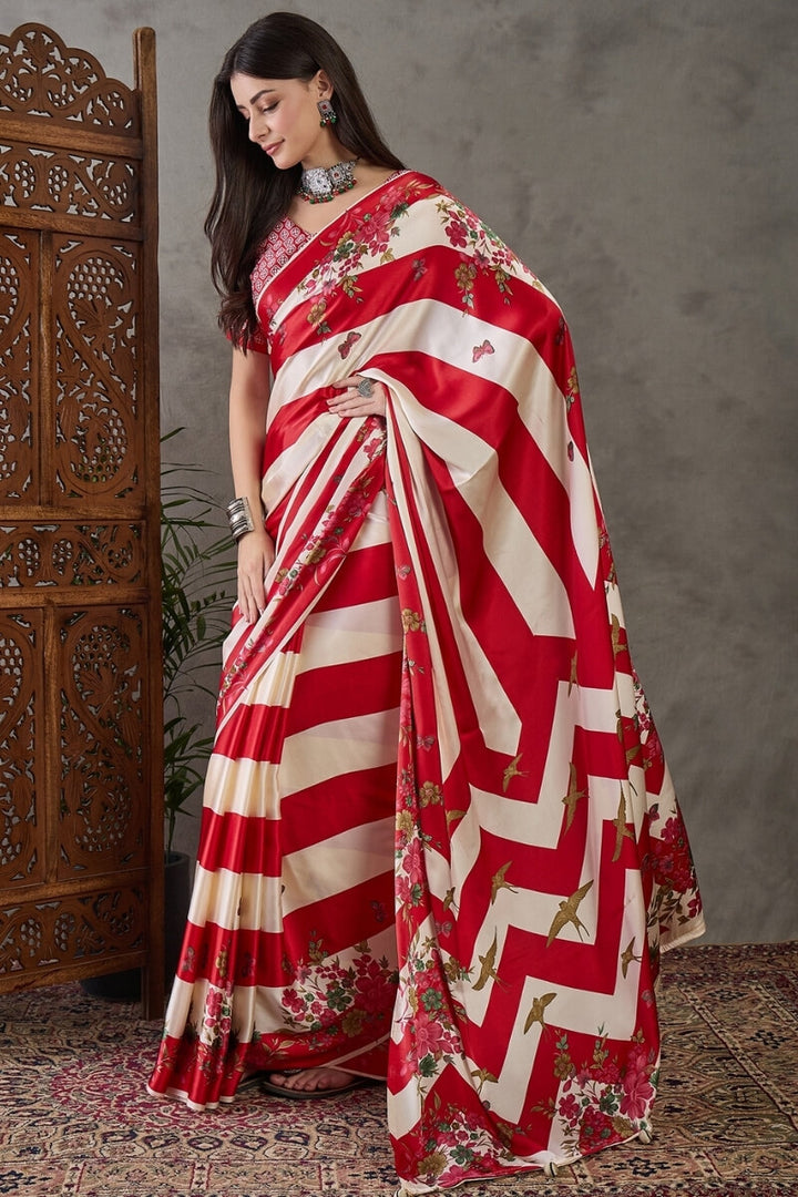 Cornell Red Stripe Printed Satin Silk Saree