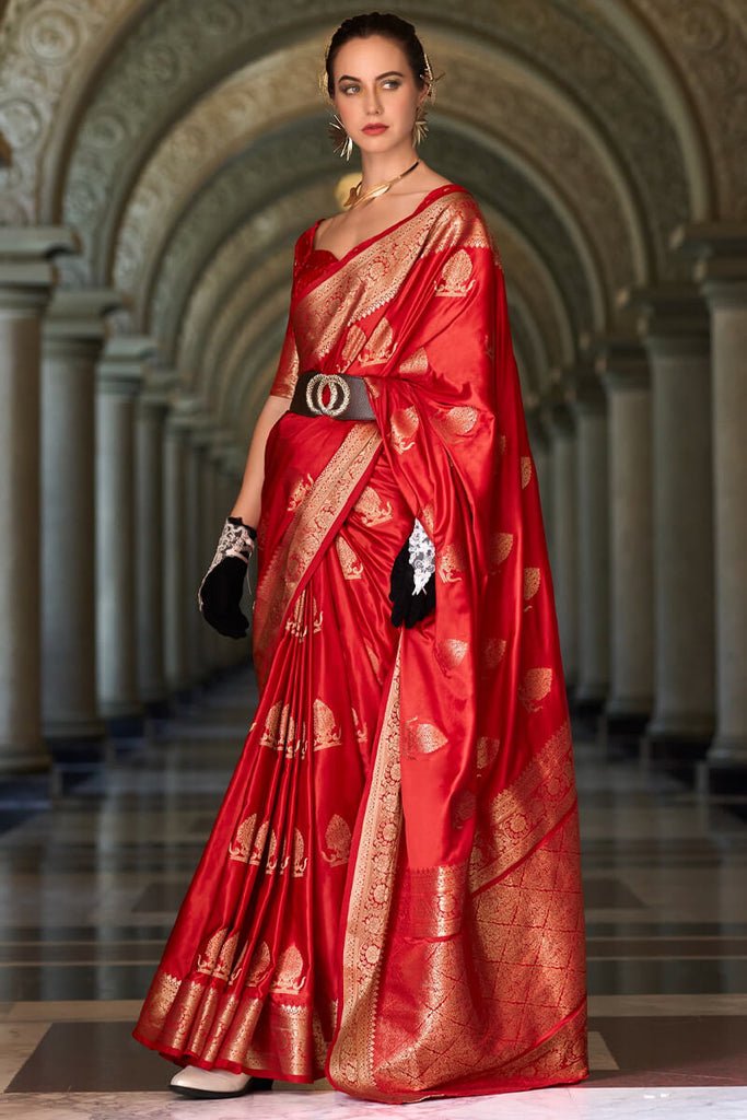 Cornell Red Zari Woven Banarasi Satin Silk Saree