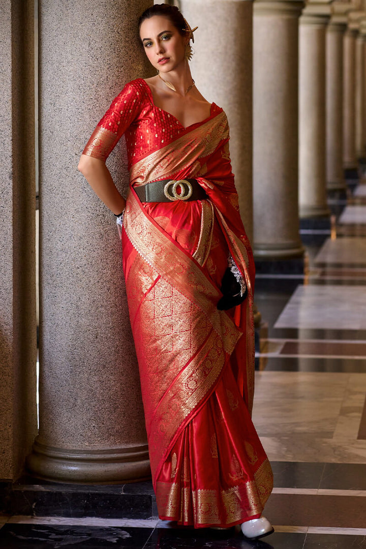 Cornell Red Zari Woven Banarasi Satin Silk Saree