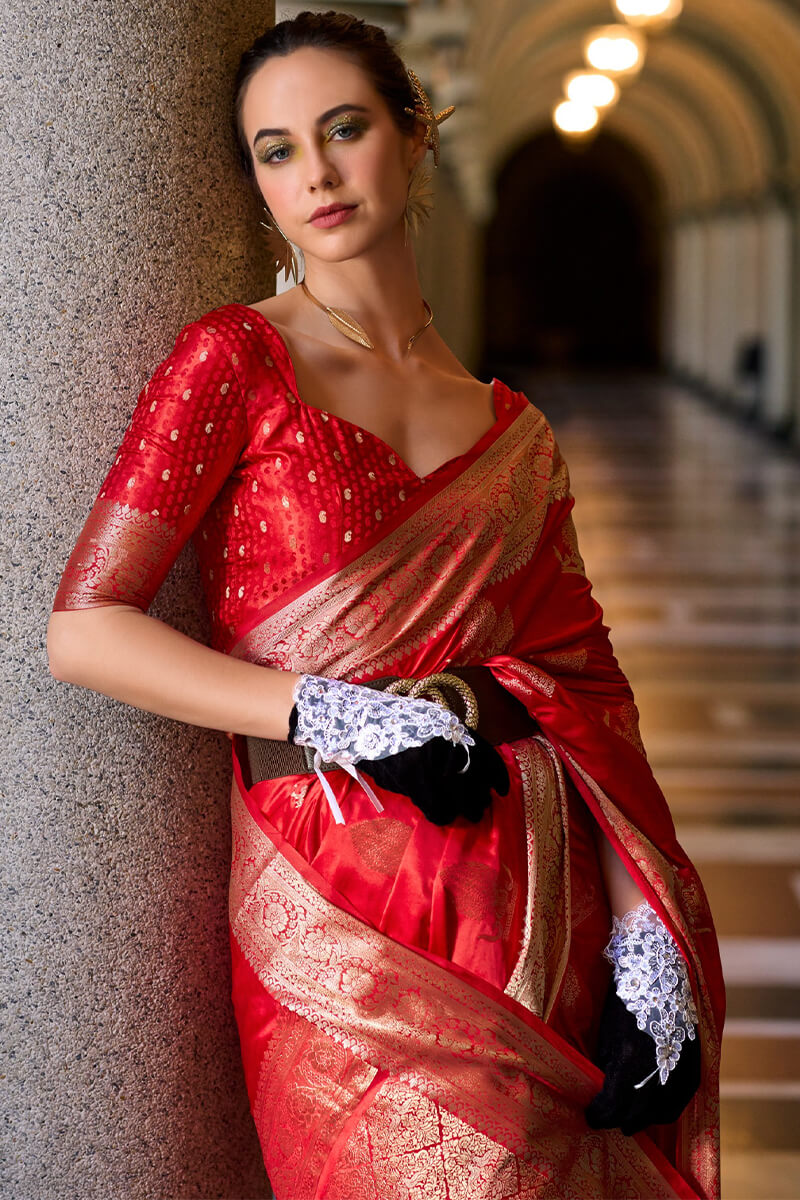 Cornell Red Zari Woven Banarasi Satin Silk Saree